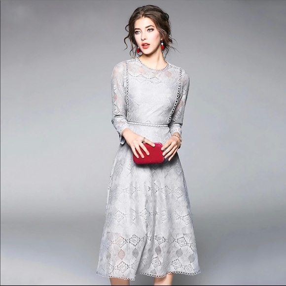 Grey Lace Slim A-Line MIDI Dress - Picture 2 of 4